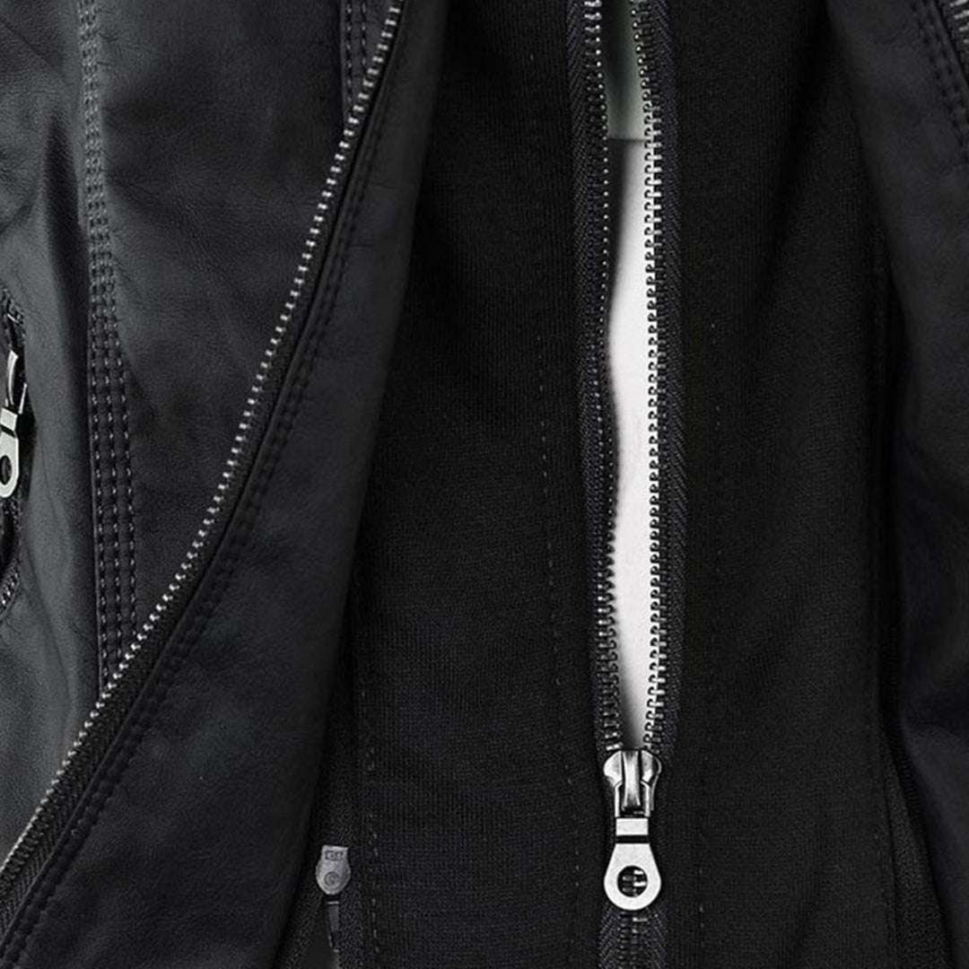 Bennett and Lowe Callista hooded moto jacket for women, close-up view showing black leather-style material and front zipper detail.