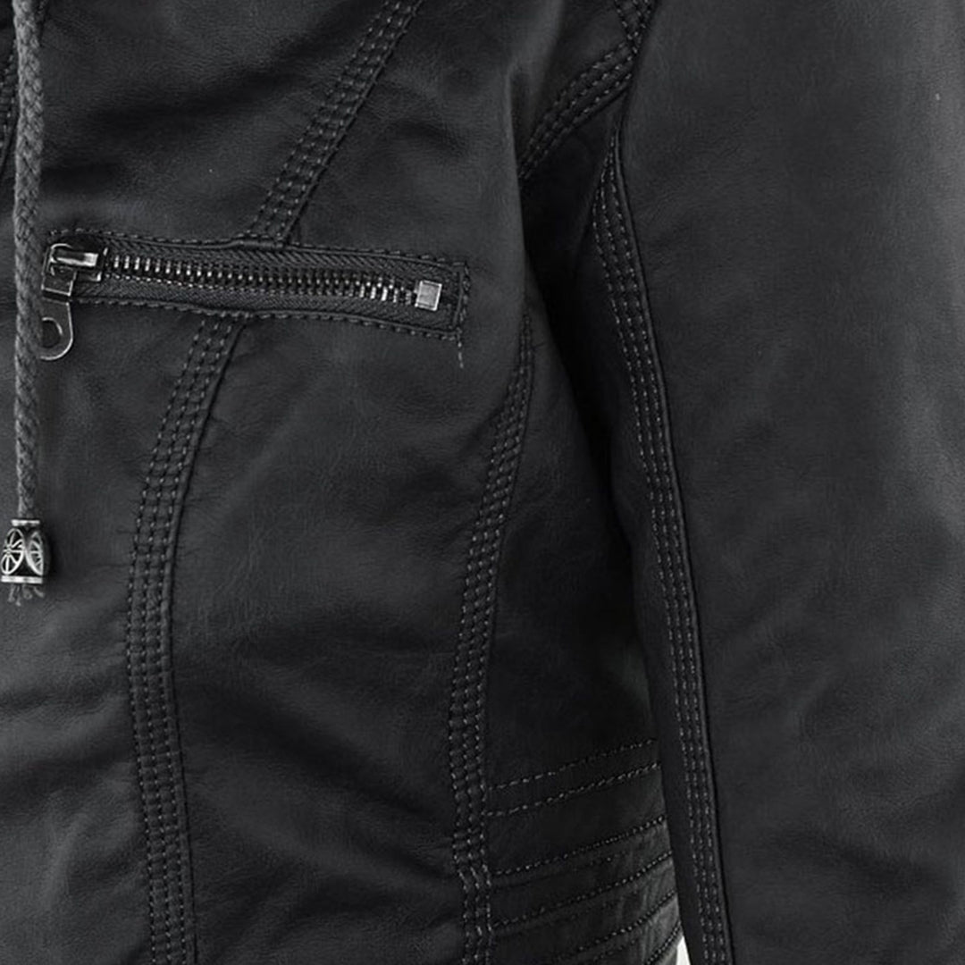 Close-up of Bennett and Lowe Callista hooded moto jacket for women, showing the jacket's sleek design and hood detail.