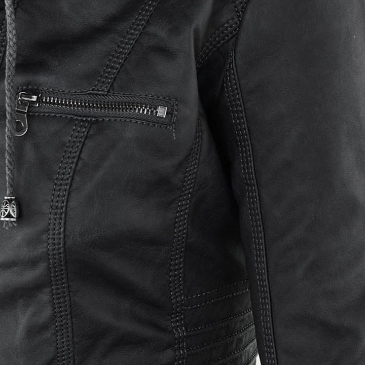 Close-up of Bennett and Lowe Callista hooded moto jacket for women, showing the jacket's sleek design and hood detail.