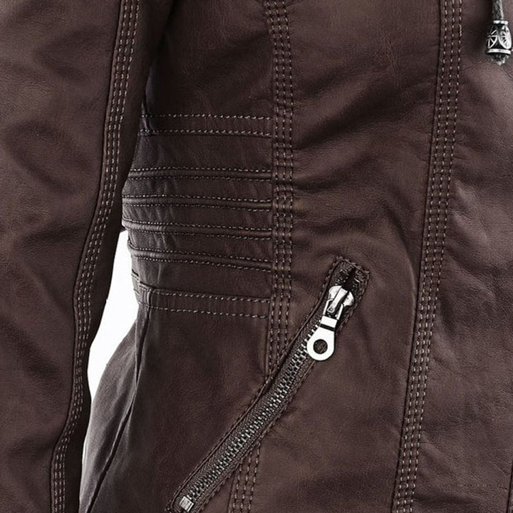 Bennett and Lowe Callista hooded moto jacket for women, close-up showing black leather exterior and hood detail.