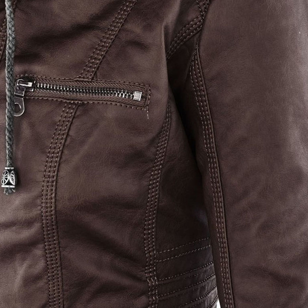 Close-up of Bennett and Lowe Callista hooded moto jacket for women, showing the black jacket's textured fabric and hood details.