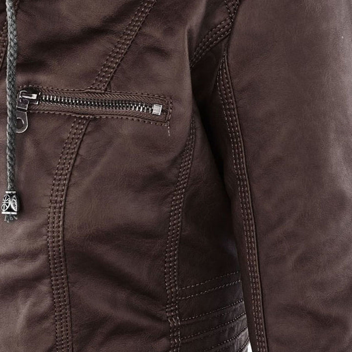 Close-up of Bennett and Lowe Callista hooded moto jacket for women, showing the black jacket's textured fabric and hood details.
