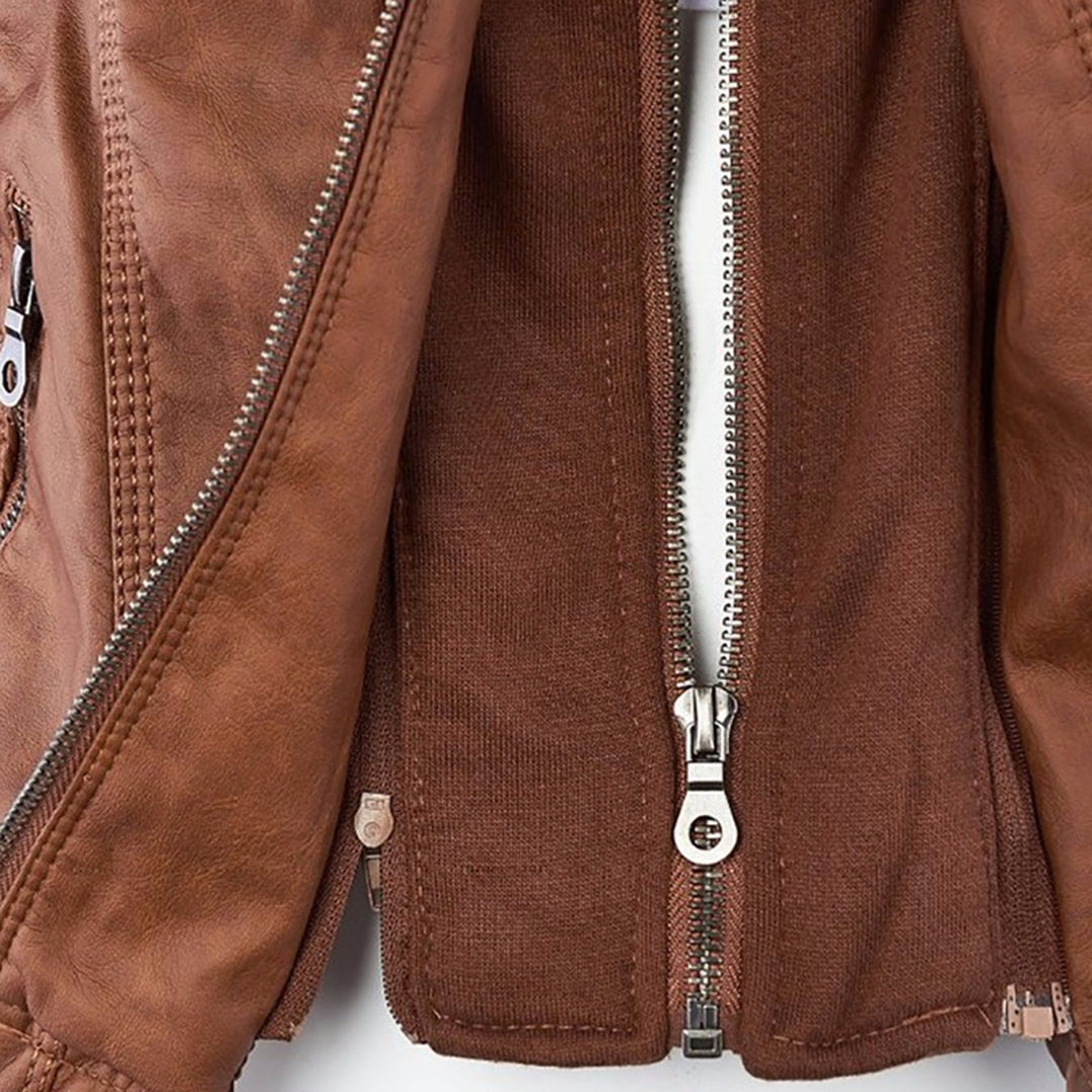 Close-up of Bennett and Lowe Callista hooded moto jacket for women, showing the jacket's sleek design and hood details.