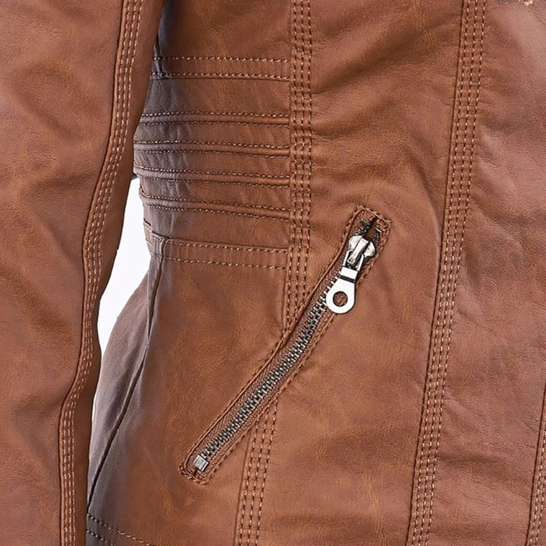 Close-up of Bennett and Lowe Callista hooded moto jacket for women, featuring a sleek black design and modern style.