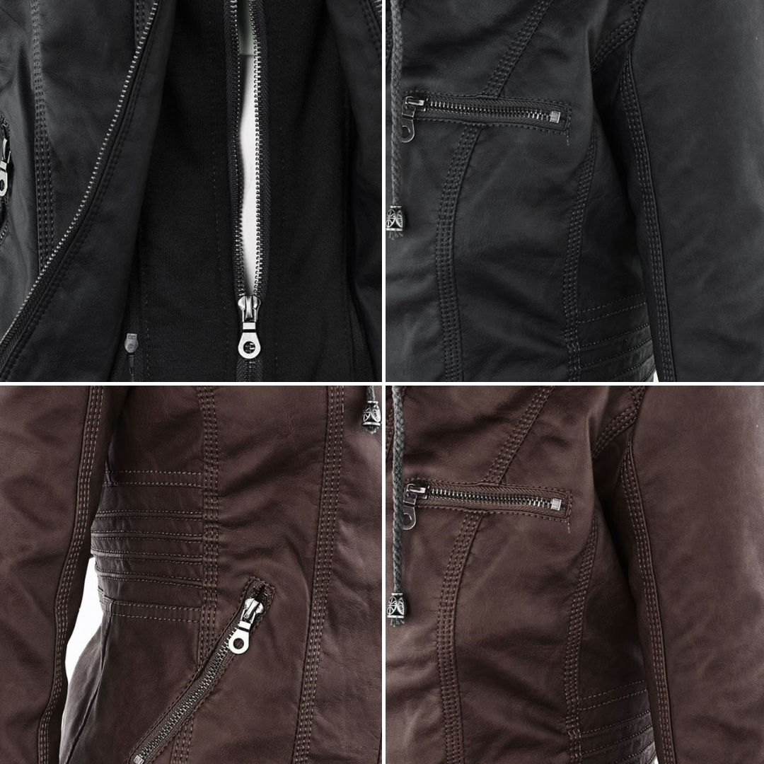 Bennett and Lowe Callista hooded moto jacket for women, close-up showing black tailored jacket with hood and zipper details.