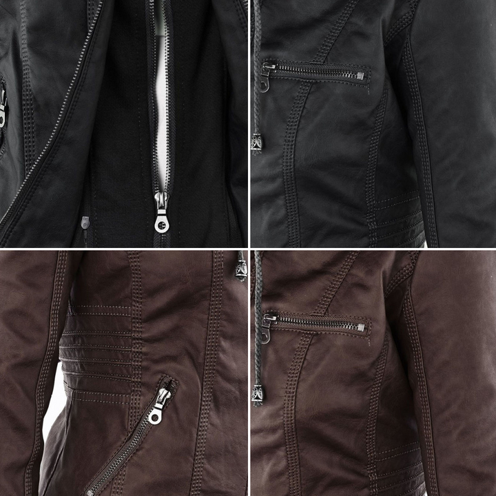 Bennett and Lowe Callista hooded moto jacket for women, close-up showing black tailored jacket with hood and zipper details.
