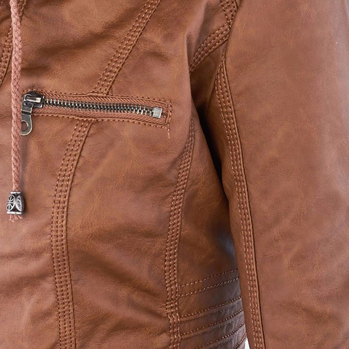 Close-up of Bennett and Lowe Callista hooded moto jacket for women, featuring sleek black fabric and stylish design details.