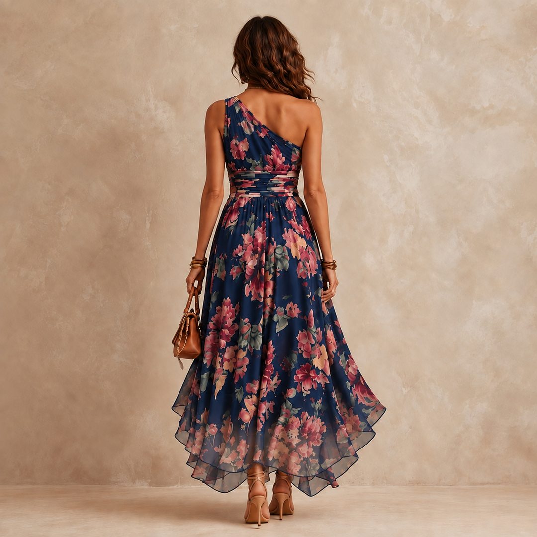 Elegant Celeste one-shoulder floral maxi dress by Bennett and Lowe, featuring a flowing silhouette and vibrant floral pattern.