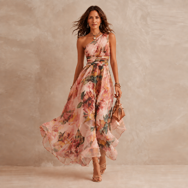 Elegant beige floral maxi dress with one-shoulder design by Bennett and Lowe, featuring a flowing silhouette and vibrant flower print.