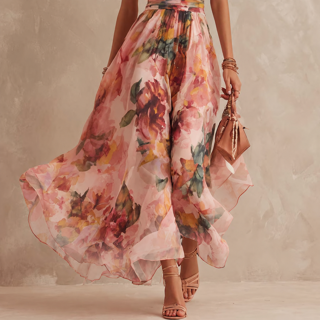 Aurora one-shoulder floral dress by Bennett and Lowe, featuring a vibrant floral pattern and elegant design.