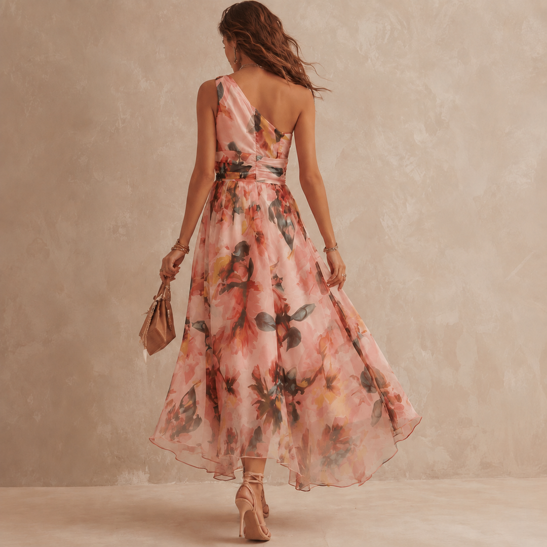 Elegant one-shoulder floral dress by Bennett and Lowe, featuring vibrant floral patterns and a stylish silhouette.