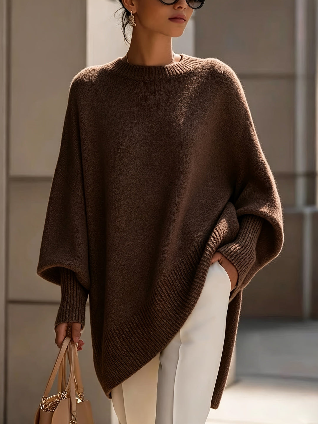 Bennett and Lowe Sorrel oversized batwing crew sweater in coffee brown sorrel hue