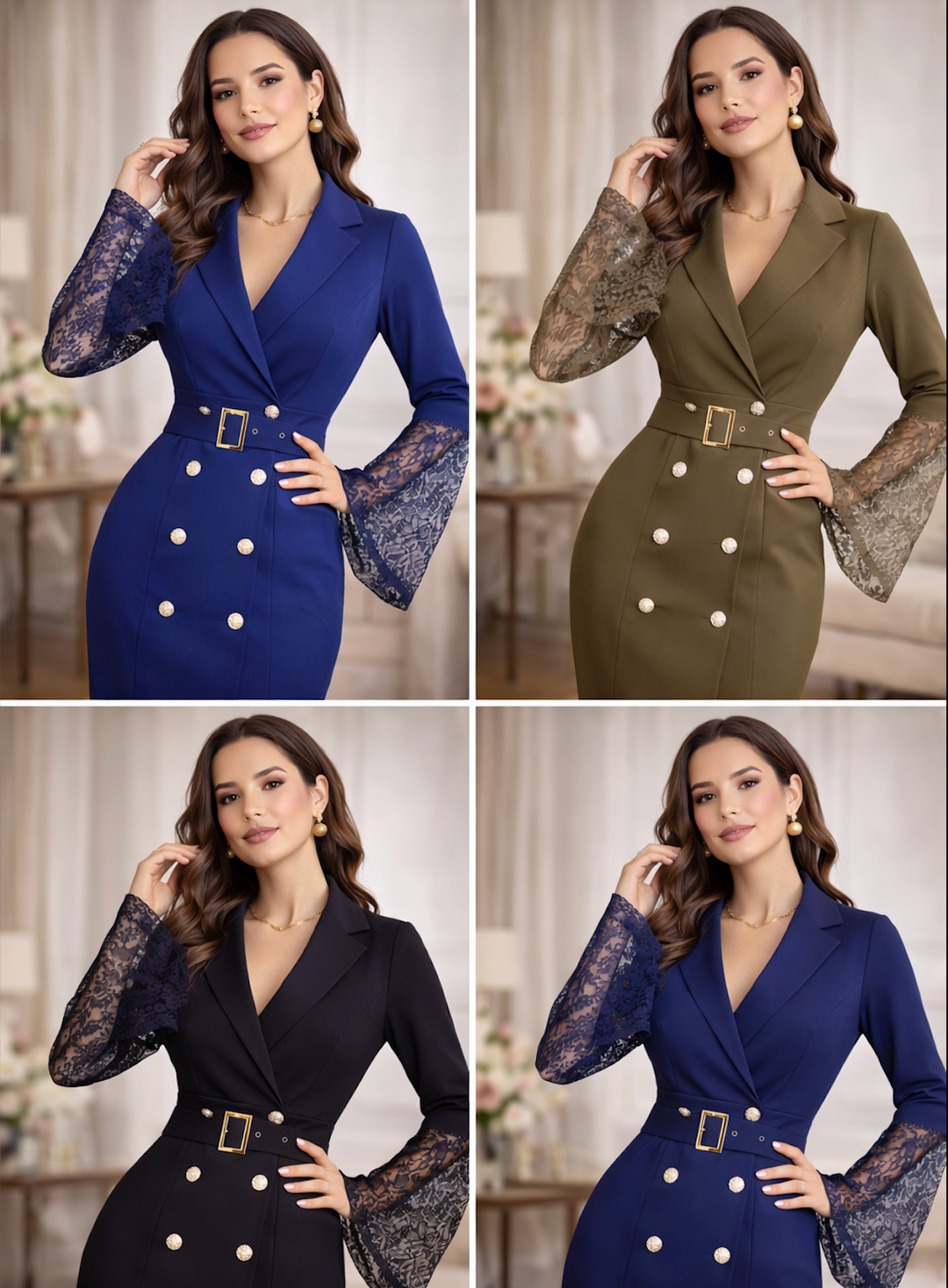 Heather | Belted Lace-Sleeve Midi Dress for Women
