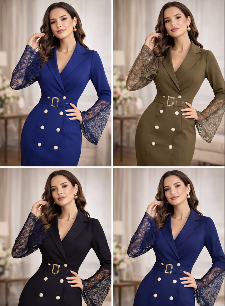 Heather | Belted Lace-Sleeve Midi Dress for Women