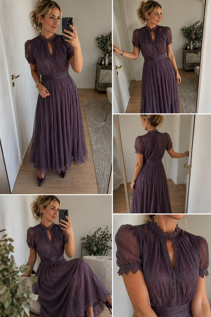 Brooke | Pleated Puff-Sleeve Midi Dress for Women