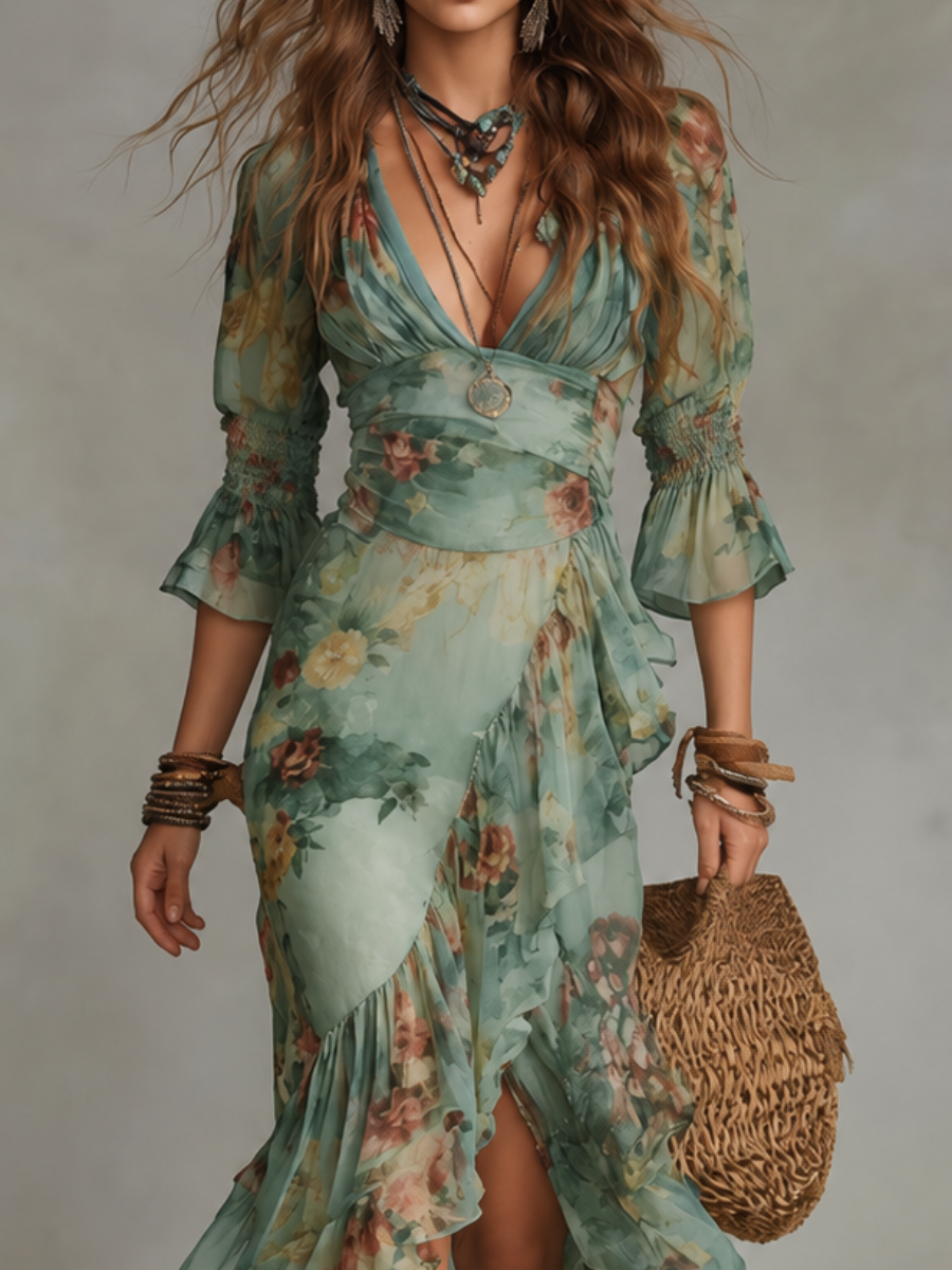 Celeste floral ruffle wrap dress by Bennett and Lowe, featuring a feminine silhouette with ruffled details and a wrap style.