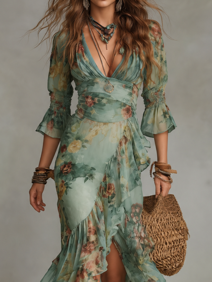 Celeste floral ruffle wrap dress by Bennett and Lowe, featuring a feminine silhouette with ruffled details and a wrap style.
