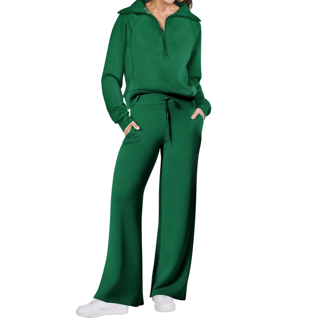 Dark green Maya two-piece set by Bennett and Lowe featuring a half-zip pullover and wide-leg pants for women.