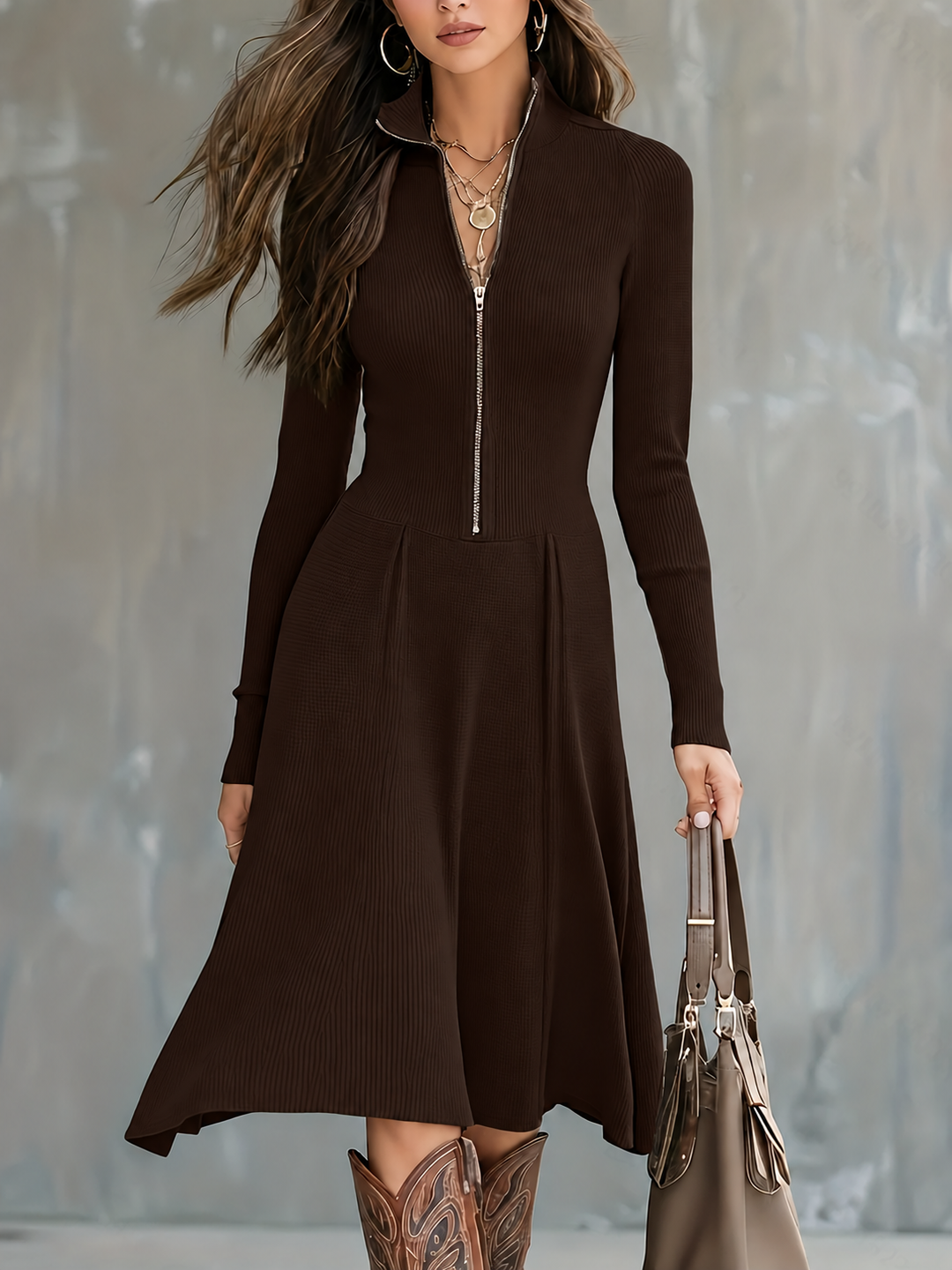 Zinnia | Zip-Front Long-Sleeve Fitted Midi Dress for Women