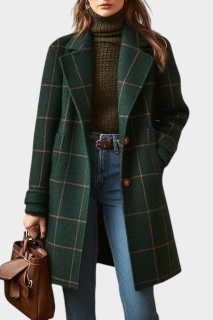 Adriana™ Classic Check Autumn Coat by Bennett and Lowe displayed on a hanger with a plaid pattern in earthy tones.