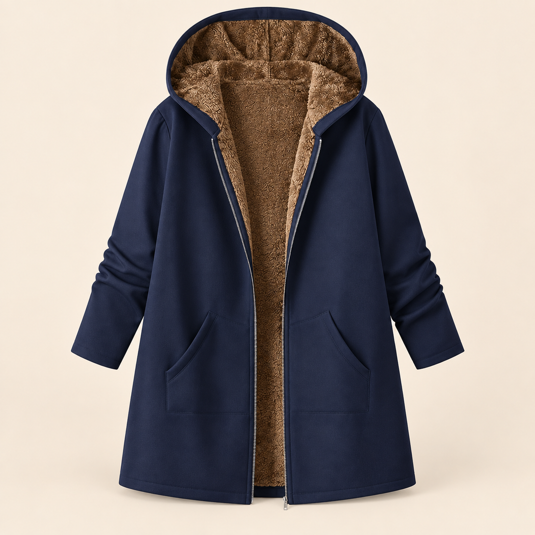 Heather Bennett & Lowe hooded longline coat in dark blue with brown sherpa lining, displayed on a hanger.