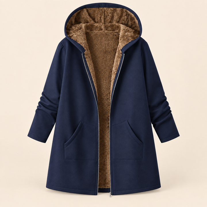Heather Bennett & Lowe hooded longline coat in dark blue with brown sherpa lining, displayed on a hanger.