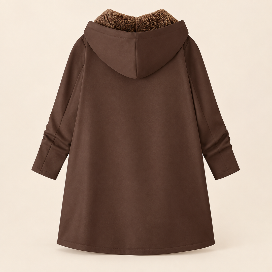 Heather Bennett & Lowe hooded longline coat in dark brown teddy fabric, shown with a hood and a sleek, structured silhouette.