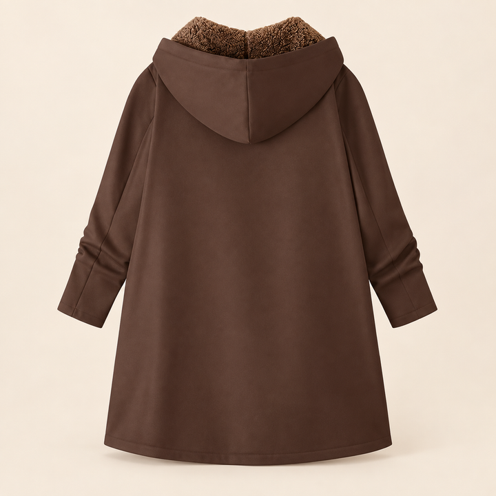 Heather Bennett & Lowe hooded longline coat in dark brown teddy fabric, shown with a hood and a sleek, structured silhouette.
