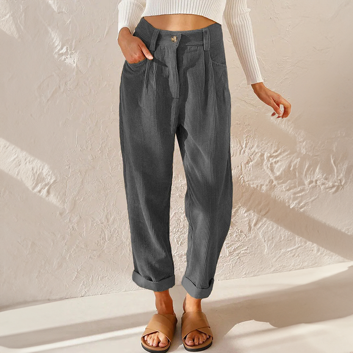 High-waist corduroy pants from MINA by My Store 2, shown in a casual fit with a relaxed silhouette and textured fabric.
