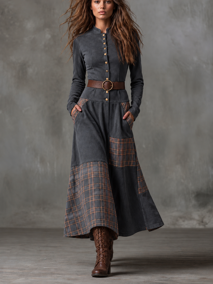 Helena Ivy | Belted Plaid Long-Sleeve Maxi Dress for Women