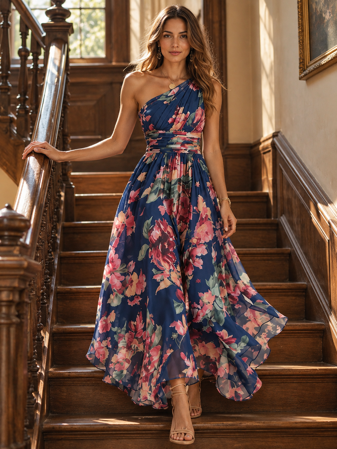 Elegant portrait of the Celeste one-shoulder floral maxi dress by Bennett and Lowe, featuring a flowing gown on an elegant staircase.