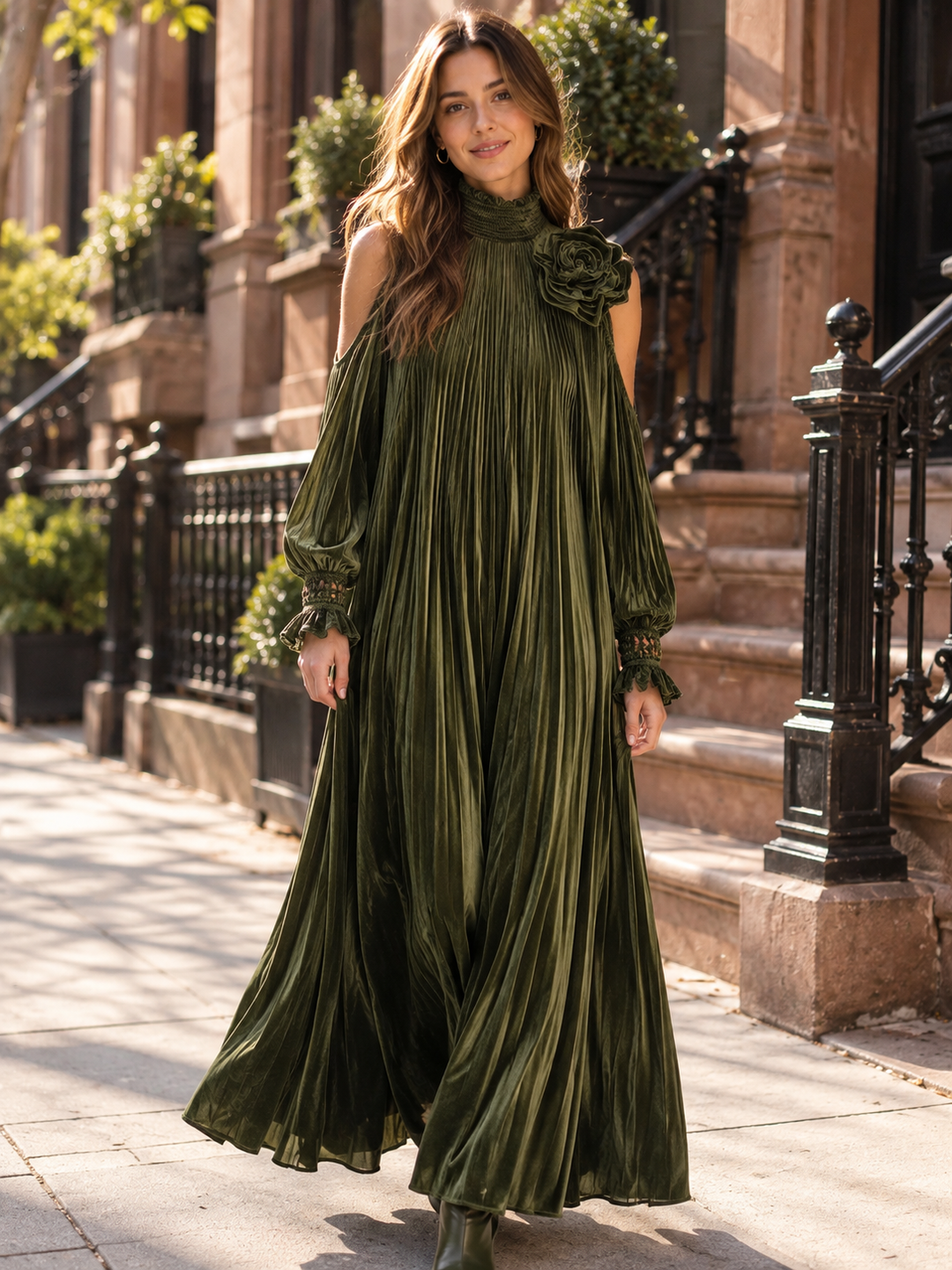 Vanessa | Pleated Floral Shoulder Maxi Dress