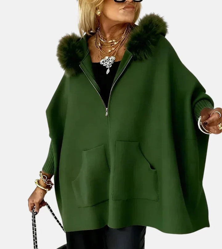 Bennett and Lowe Annabelle faux-fur collar button-front women's jacket displayed on a hanger with a neutral background.