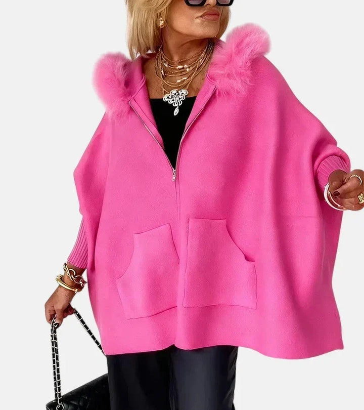 Bennett and Lowe Annabelle faux-fur collar button-front women’s jacket in black, shown with a close-up of the collar and front buttons.