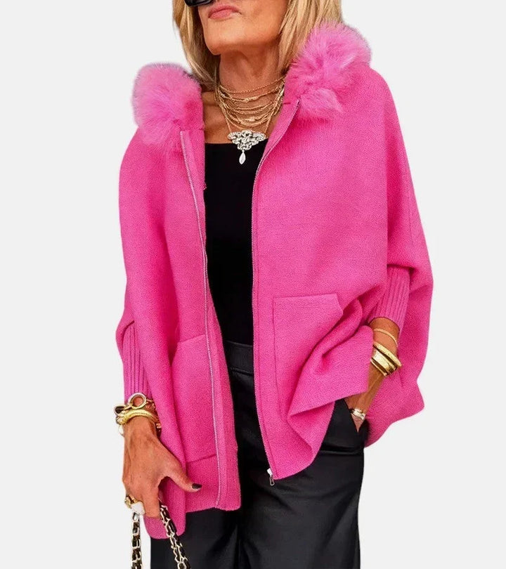 Bennett and Lowe Annabelle faux-fur collar button-front women's jacket displayed on a hanger with a neutral background.