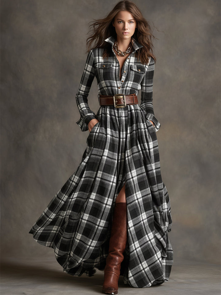 Henrietta | Belted Button-Front Long-Sleeve Maxi Shirt Dress for Women