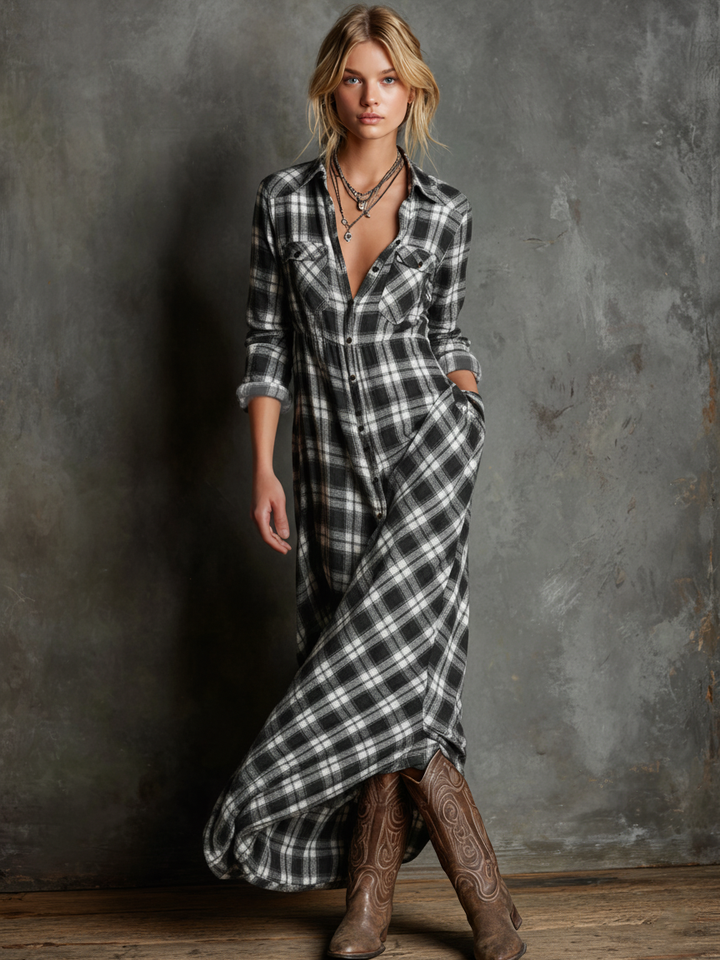 Ailene | Plaid Button-Front Long-Sleeve Maxi Shirt Dress for Women