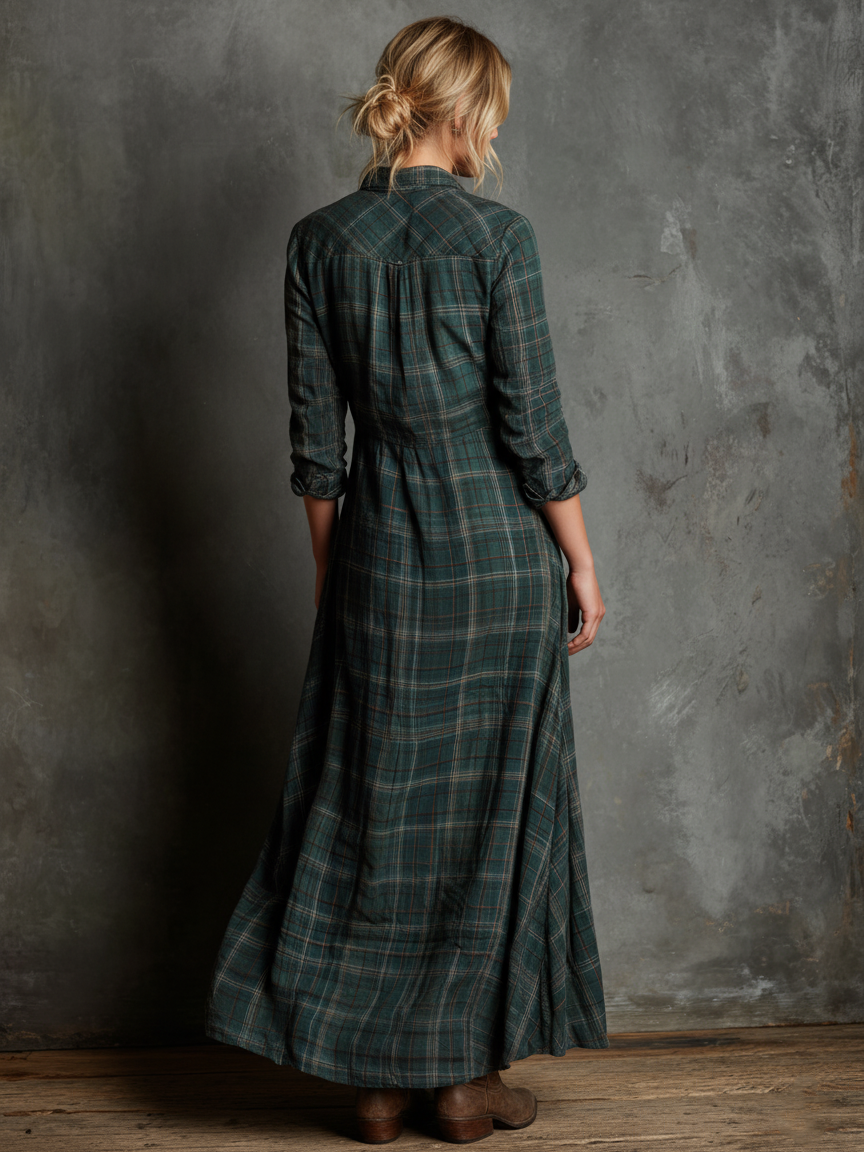Ailene | Plaid Button-Front Long-Sleeve Maxi Shirt Dress for Women