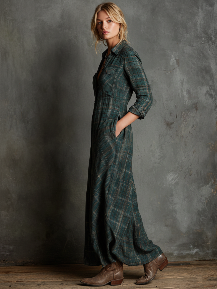 Ailene | Plaid Button-Front Long-Sleeve Maxi Shirt Dress for Women