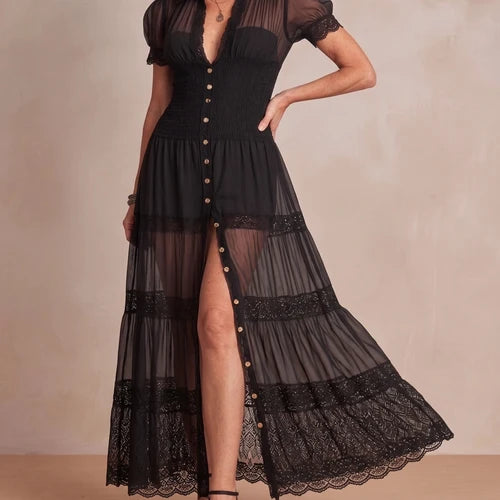 Sophia Bennett and Lowe sheer lace maxi dress featuring delicate lace details and flowing fabric for elegant evening wear