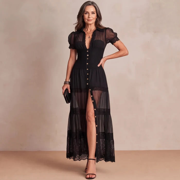Sophia Bennett and Lowe sheer lace maxi dress featuring delicate lace details and flowing fabric, perfect for elegant occasions.