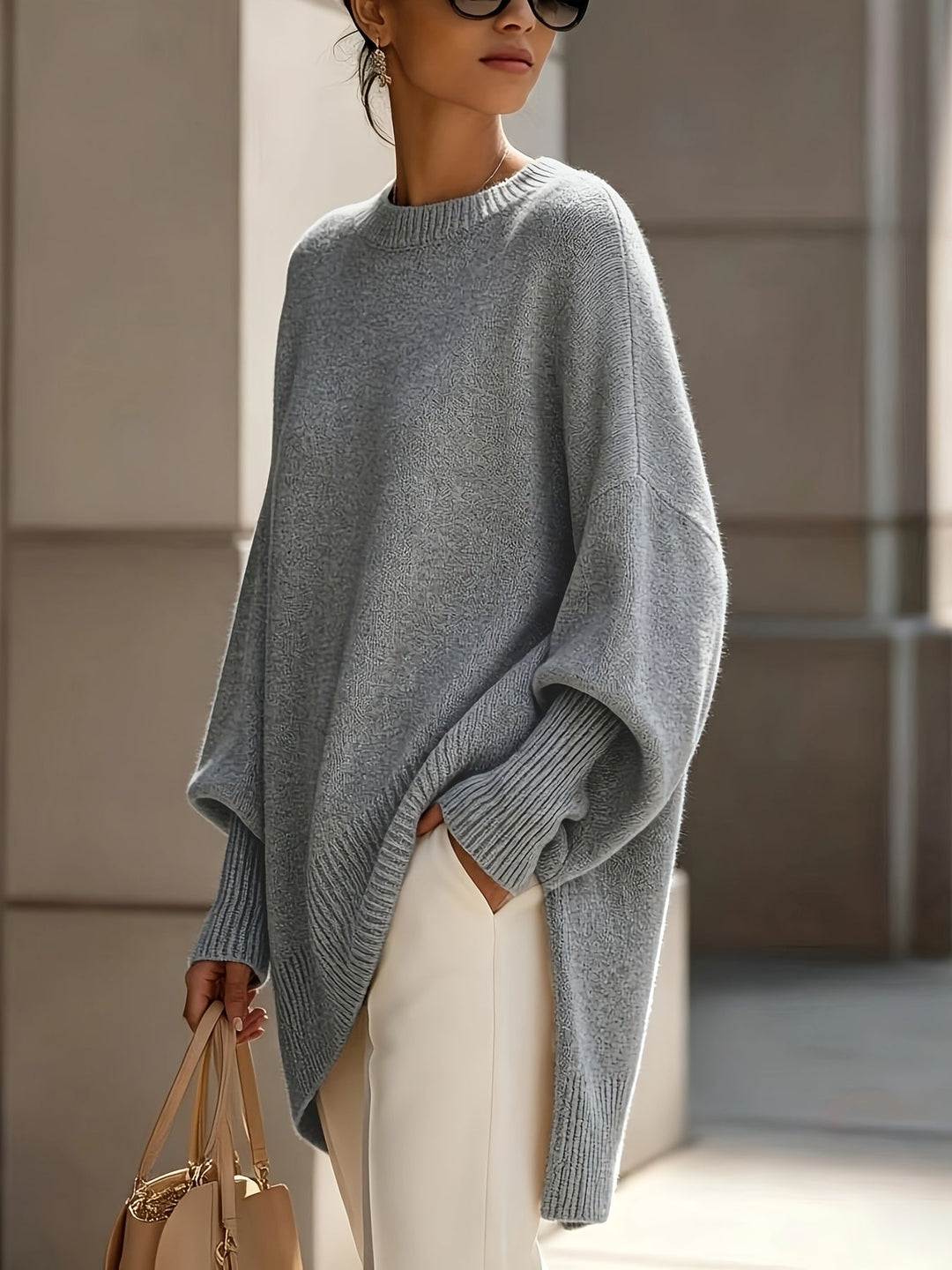 Bennett and Lowe Sorrel oversized batwing crew sweater in grey, front view
