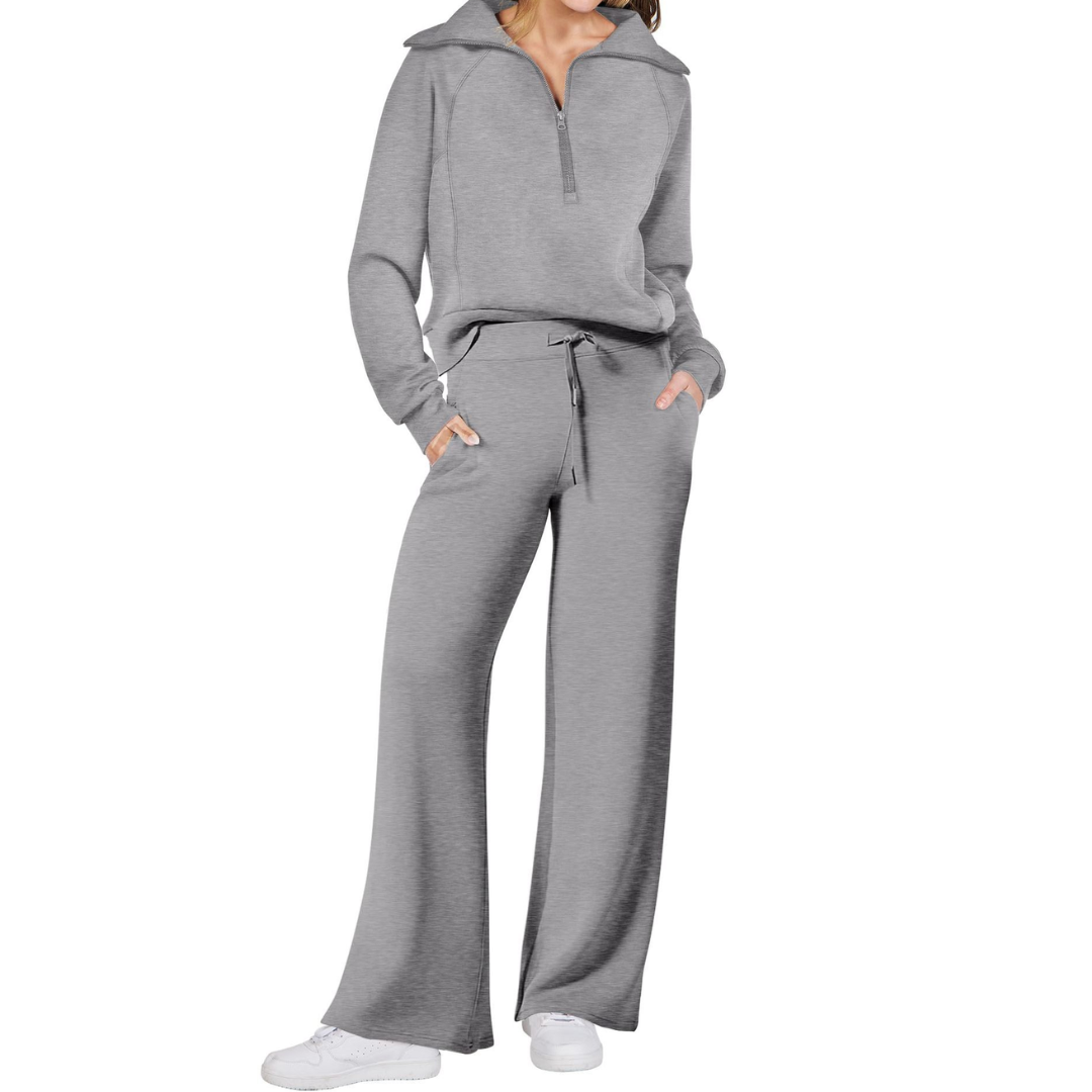 Grey Maya two-piece set by Bennett and Lowe featuring a half-zip pullover and wide-leg pants for women.