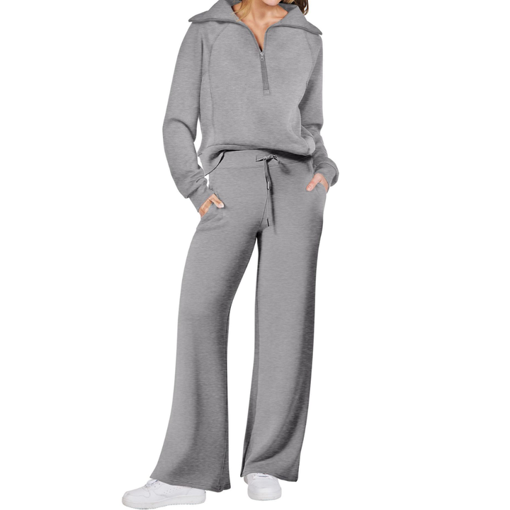 Grey Maya two-piece set by Bennett and Lowe featuring a half-zip pullover and wide-leg pants for women.