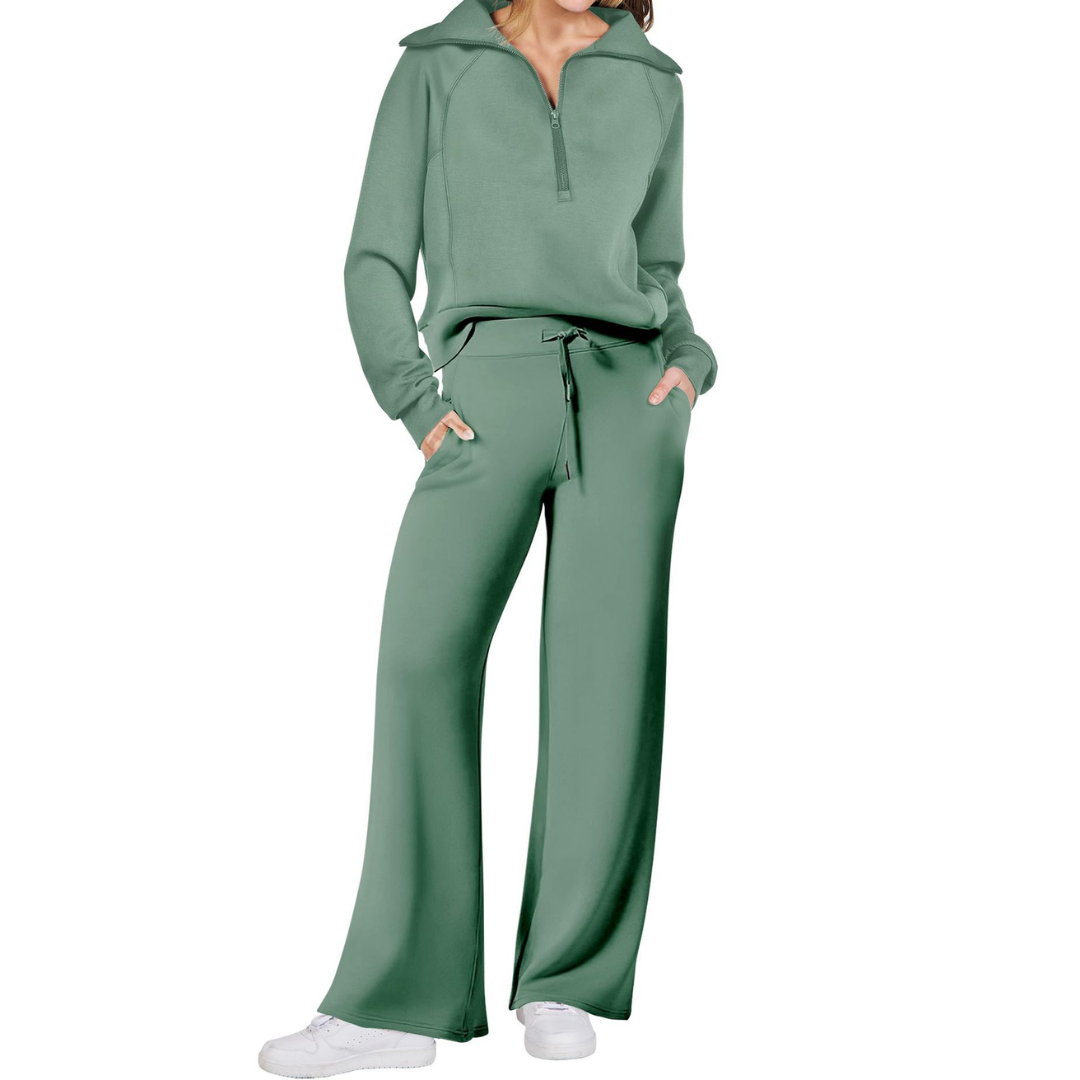 Grey and green Bennett and Lowe Maya two-piece set with a half-zip pullover and wide-leg pants for women, styled together.
