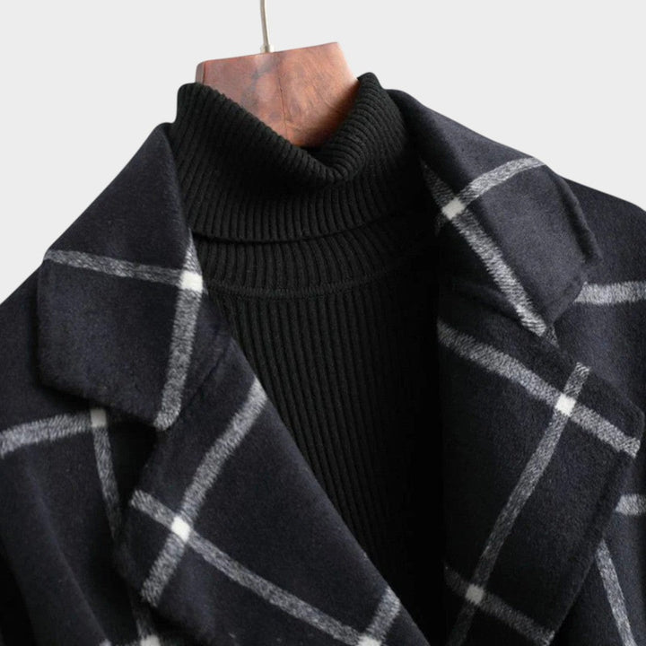 Adriana™ Classic Check Autumn Coat by Bennett and Lowe hanging on a wooden hanger with a plaid pattern and warm tones.