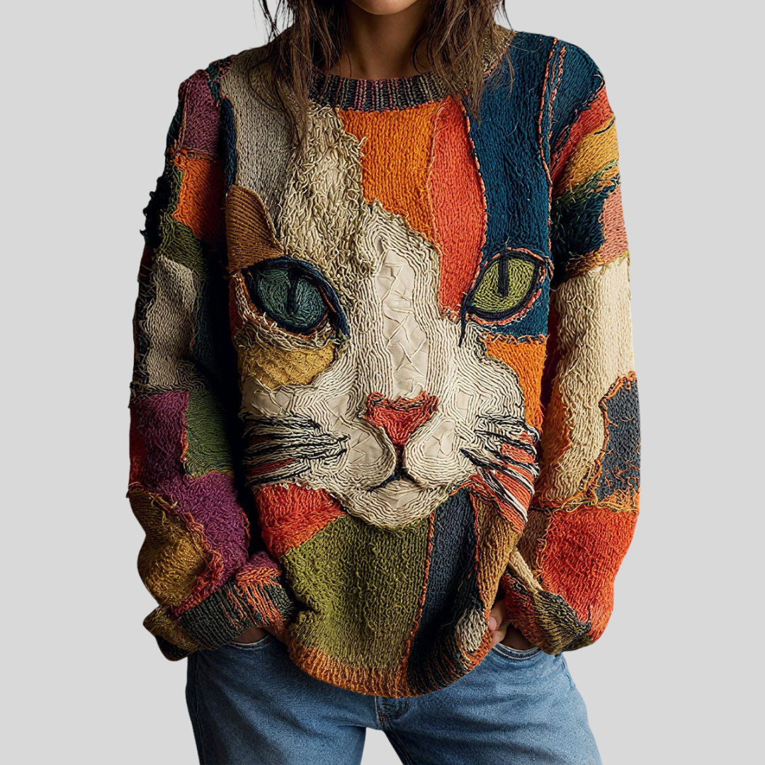 Zaira artistic cat statement top by Bennett and Lowe, featuring a colorful cat graphic on a stylish women’s top.