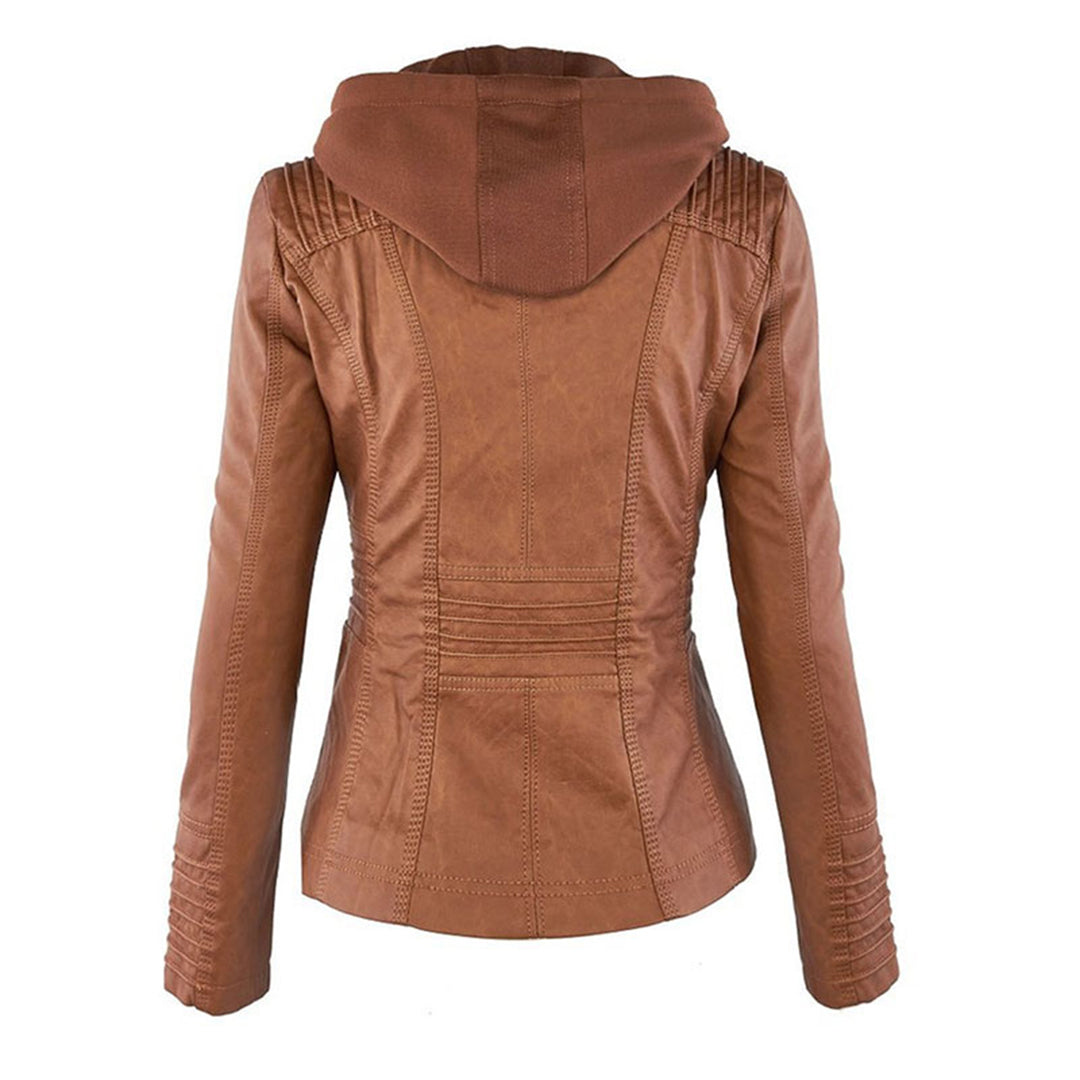 Khaki hooded moto jacket for women by Bennett and Lowe, stylish jacket with a front zipper and fitted design.