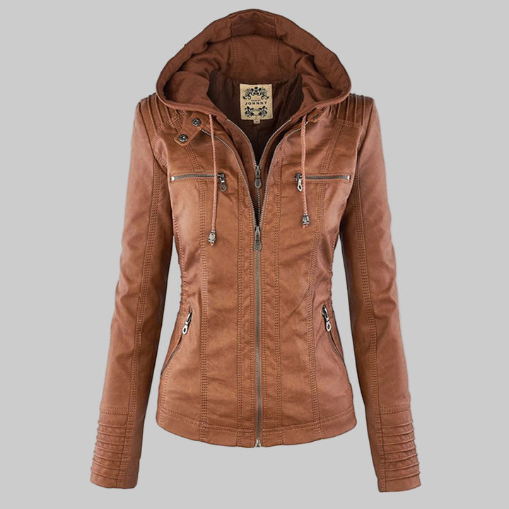 Khaki hooded moto jacket for women by Bennett and Lowe, featuring a stylish design with a front zipper and adjustable hood.