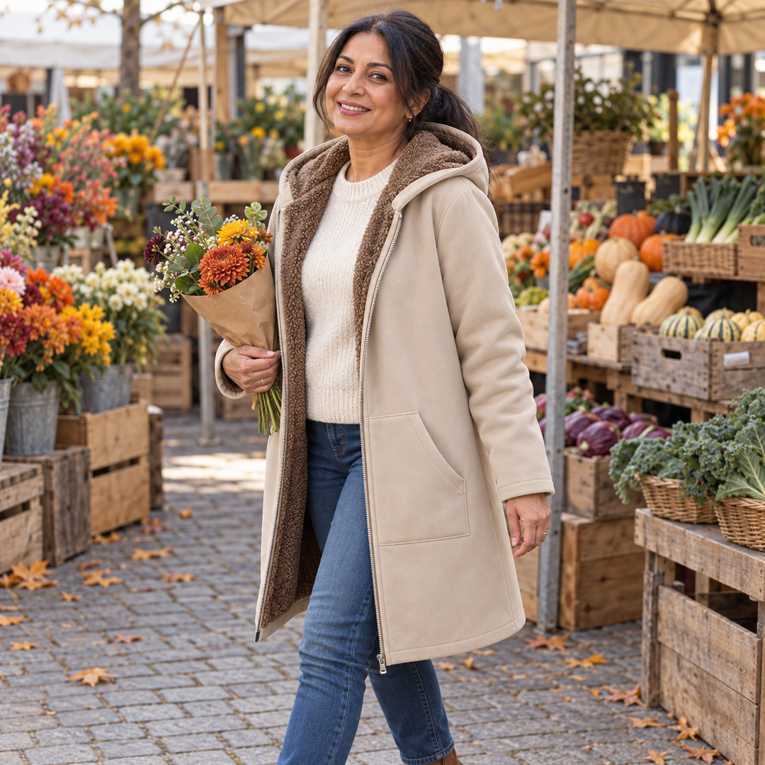 Heather Bennett & Lowe hooded longline coat hanging on a display stand at a winter market.